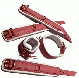 ソフトレザー■ピンク×ホワイトの首輪・手枷・足枷5点セット(バッド入り)