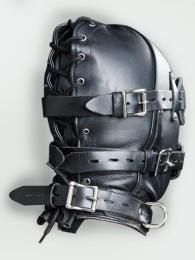 本革・拘束ベルト付全頭マスク★アイマスク・ギャグ付き