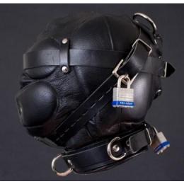 本皮製/全頭マスク★拘束ベルト付き