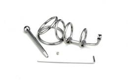 トリプルリング付き尿道プラグ貞操帯/ステンレス製